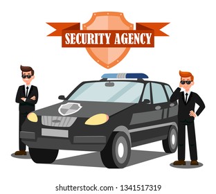 Dos Guardaespaldas E Ilustración Del Vector Plano De Camión. Oficiales del FBI con personajes de caricatura de audífonos. Agencia de Seguridad aisló al emblema con letras. Cartel de los servicios de protección, concepto de banner