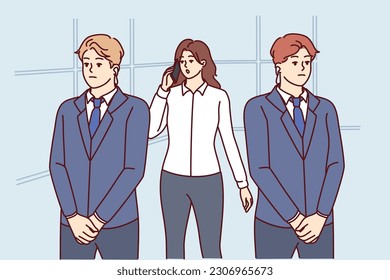 Two bodyguards near businesswoman talking on phone and needing protection due to personal threats. Bodyguards in suit protect celebrity girl or politician making call on smartphone