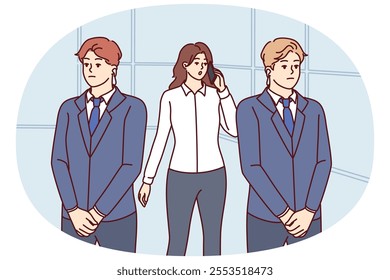 Two bodyguards near businesswoman talking on phone and needing protection due to personal threats. Bodyguards in suit protect celebrity girl or politician making call on smartphone