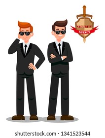 Two Bodyguards on Mission Flat Cartoon Characters. Security Officers with Headphones Vector Illustration. Security Agency Isolated Emblem with Lettering. Protection Services Poster, Banner Clipart