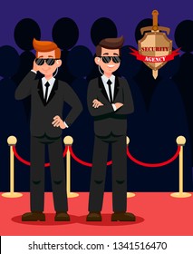 Two Bodyguards on Red Carpet Cartoon Characters. Security Officers wearing Black Suits Flat Vector Illustration. VIP Guardians on Mission Color drawing. Security Agency Emblem with Lettering