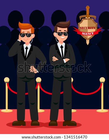 Two Bodyguards on Red Carpet Cartoon Characters. Security Officers wearing Black Suits Flat Vector Illustration. VIP Guardians on Mission Color drawing. Security Agency Emblem with Lettering