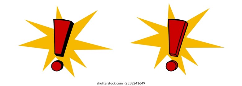 Two bold red exclamation symbols feature prominently with striking yellow starbursts behind them, adding emphasis and excitement.