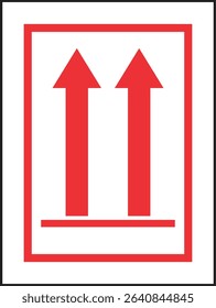 Two bold red upward arrows in a rectangular box, indicating upright orientation, typically for packaging