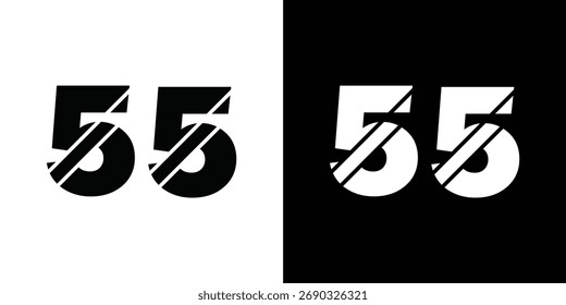 Dois gráficos de número 55 em negrito e estilizado são exibidos lado a lado. Um é preto sobre branco, o outro é branco sobre preto.