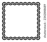 Two bold wavy lines forming a square frame. Decorative and snake-like border, made by two serpentine lines. Isolated black and white illustration, on white background. Vector.
