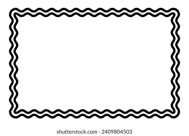 Two bold wavy lines forming a rectangle frame. Decorative and snake-like rectangular border, made by two serpentine lines. Isolated black and white illustration, on white background. Vector.