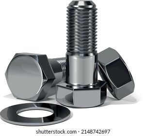 
two bolts, a nut and a washer on a white background