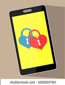 Two bonded hearts of a padlock on mobile phone display conceptual image. Valentine card romantic concept design.