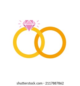 Two bonded wedding rings. Marriage proposal icon. Diamond ring. Couple wedding anniversary. Bride jewelry. Engagement symbol