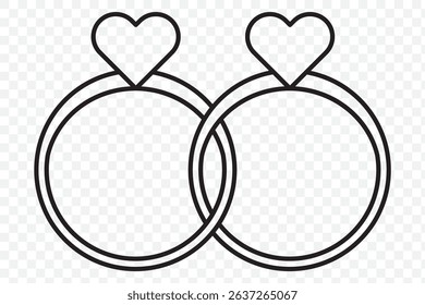 Two bonded wedding rings. Marriage proposal icon. Diamond ring. Couple wedding anniversary. Bride jewelry. Engagement symbol