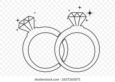 Two bonded wedding rings. Marriage proposal icon. Diamond ring. Couple wedding anniversary. Bride jewelry. Engagement symbol