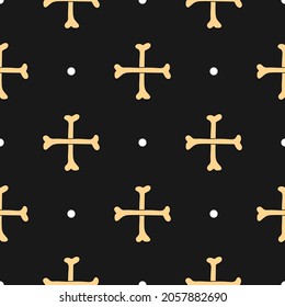 Two Bones in the form of a cross. Seamless cartoon pattern. Hand drawn vector on dark background