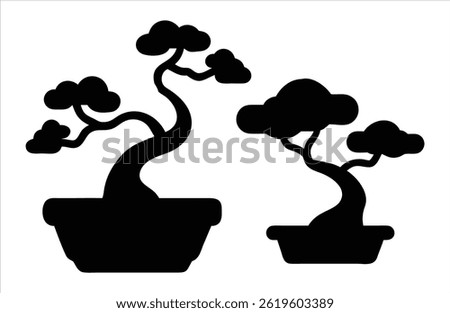 Two Bonsai Trees In Pots Black Silhouette On White Background Minimalist Style