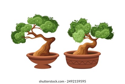 Two Bonsai Trees In Pots Isolated On White Background. Cartoon Vector Illustration Showcases The Artistry And Nature