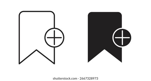 Dos iconos de marcador: un estilo de línea, uno sólido, ambos con un signo más, aislado en blanco.