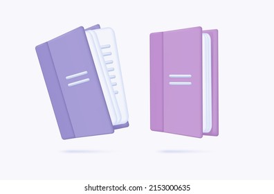 Two books 3d. Paperback textbook collection, learning material with study paper pages. Catalog, note, dictionary or folder flying on white background. Sheet documents in the information folder. 