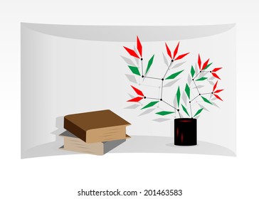 Two books and abstract flower in an interior