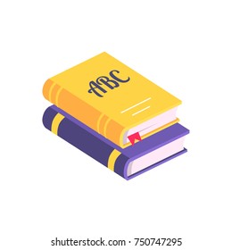 Two books with different colored covers lay one on another. Top book has tiny pink bookmark. Vector illustration isolated on white background