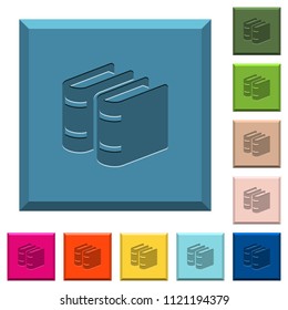 Two books engraved icons on edged square buttons in various trendy colors