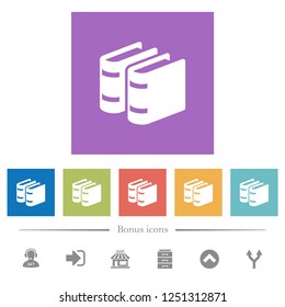 Two books flat white icons in square backgrounds. 6 bonus icons included.