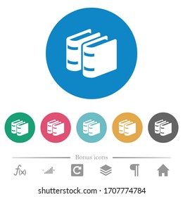 Two books flat white icons on round color backgrounds. 6 bonus icons included.