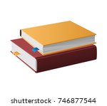 Two books in hard covers lying one on another vector illustrations isolated on white. Textbooks with textile bookmarks, dictionaries and encyclopedias