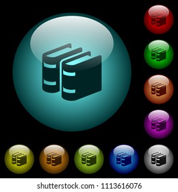 Two books icons in color illuminated spherical glass buttons on black background. Can be used to black or dark templates