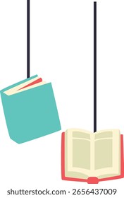 Two books one closed and one open hanging in mid-air, symbolizing education and exploration.