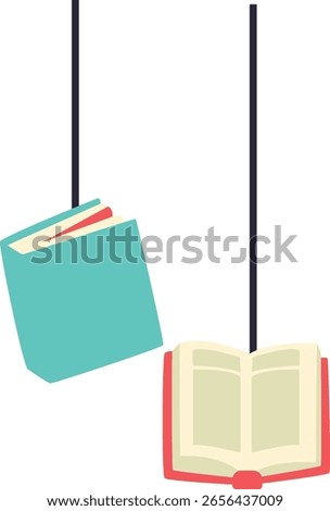 Two books one closed and one open hanging in mid-air, symbolizing education and exploration.