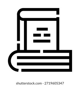 Dos libros, uno plano y otro abierto con líneas de texto, que representan un concepto de educación, conocimiento y material de estudio en un formato de icono