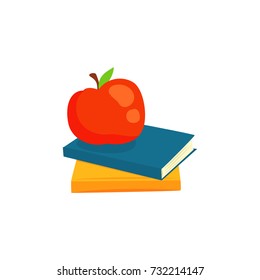 Two books and red apple cartoon vector Illustration