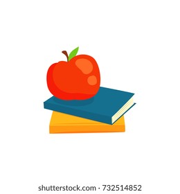 Two books and red apple cartoon vector Illustration