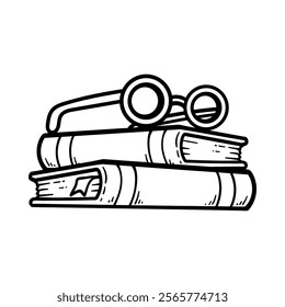 two books stack and glasses isolated drawing line art style sketch classic vintage design illustration