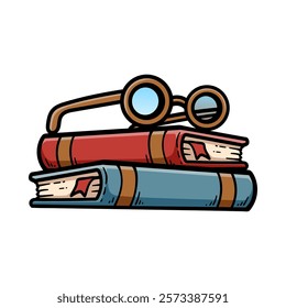 two books stack and glasses isolated colored drawing line art style sketch classic vintage design illustration