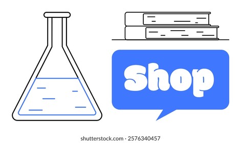 Two books are stacked above a line, and beside them is a speech bubble with the word Shop in it. A laboratory flask with a liquid inside stands out. Ideal for educational content, online bookstores