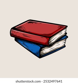 Dois livros empilhados de azul e vermelho com estilo de linha de arte vintage