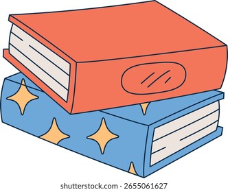 Dos libros apilados con cubiertas estampadas en un estilo de dibujos animados. Se representan un par de volúmenes de tapa dura con diseños únicos. Ilustración vectorial de dibujos animados.