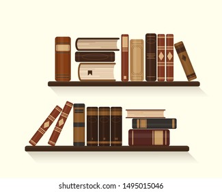 Zwei Bücherregale mit alten oder historischen braunen Büchern. Vektorgrafik.