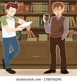 Two bookworms reading books together, talking in front of big library wall bookcase.  Flat vector illustration.