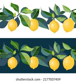 Two borders with vector drawn  lemons and leaves. Seamless pattern. Can be used for textile design, fabric prints. 