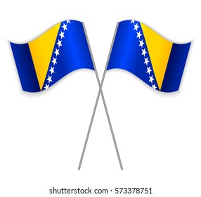 Two Bosnian crossed flags. Combined Bosnia and Herzegovina isolated on white. Language learning, international business or travel concept.