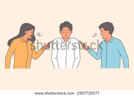 Two bosses scold subordinate who made mistake, and point finger at clerk in need of protection. Colleagues scold male manager for lack of productivity and poor work performance violating kpi