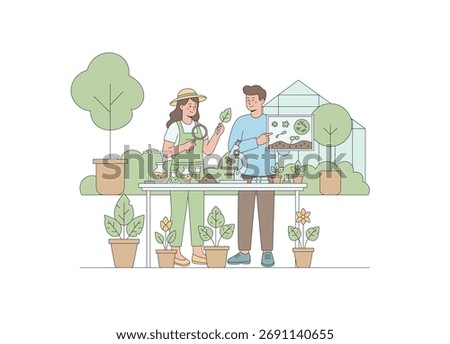 Two botanists are working together on plant science in an outdoor or garden setting. The female scientist is wearing overalls and a sun hat, holding a magnifying glass to closely examine a leaf.