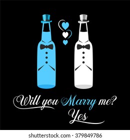 Two bottles of beer as engaged couple of gays vector. Funny beer poster vector for pubs and bars. Cool print design for bachelor party. Proposal idea poster.