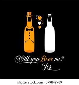 Two bottles of beer  as engaged couple of gays vector. Funny beer poster vector for pubs and bars. Cool print design for bachelor party. Proposal idea poster.