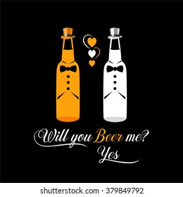 Two bottles of beer as engaged couple of gays vector. Funny beer poster vector for pubs and bars. Cool print design for bachelor party. Proposal idea poster.