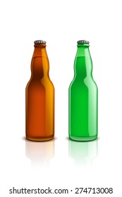 two bottles of beer green and brown on white with reflection