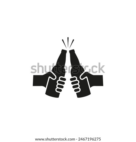 Two bottles of beer are held in hands. Clink, cheers and toasting. Vector illustration white background. Hand holding a bottle of beer.