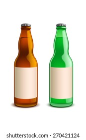 two bottles beer with labels green and brown on white